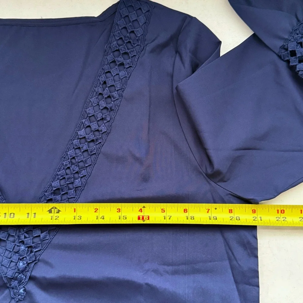 Navy Blue Crochet Lace V-Neck Long Sleeve Blouse Boho Top XL - Picture 7 of 8